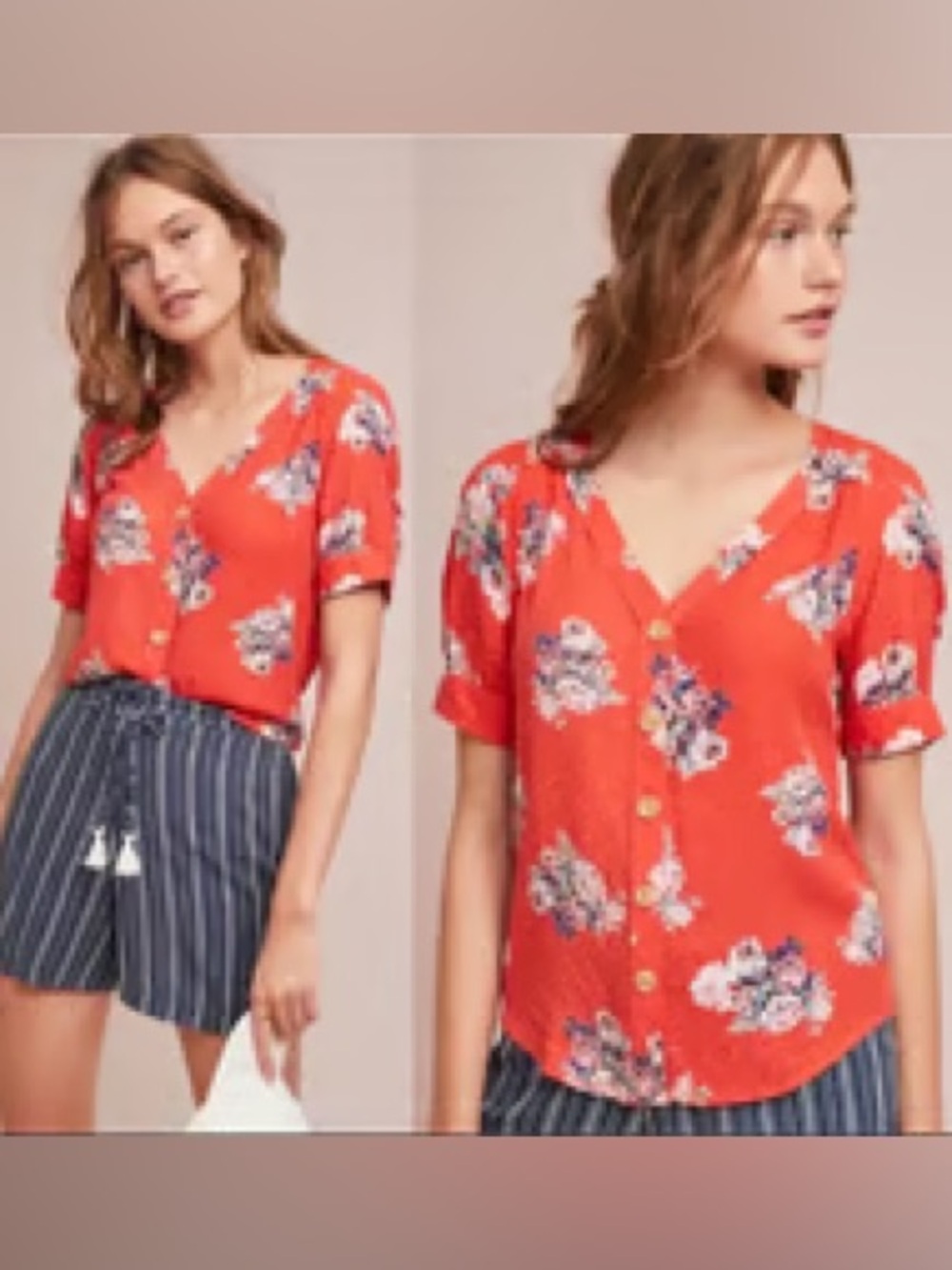 Anthropologie Maeve Hansley Orange Textured Floral V-Neck Button-Down Blouse GUC - Picture 13 of 16